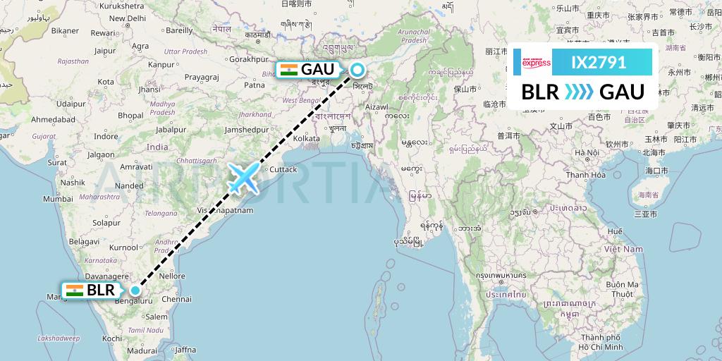 IX2791 Air India Express Flight Map: Bangalore to Guwahati