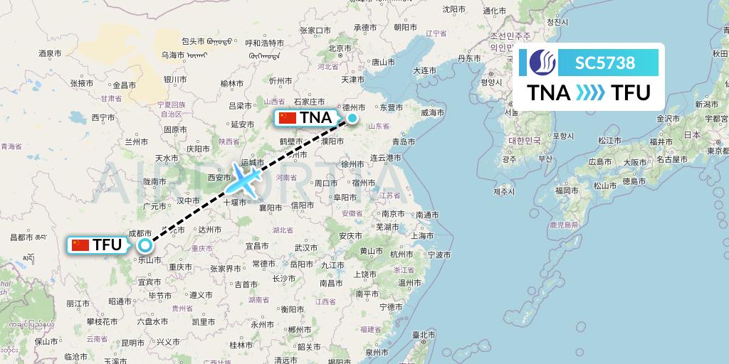 SC5738 Shandong Airlines Flight Map: Jinan to Chengdu