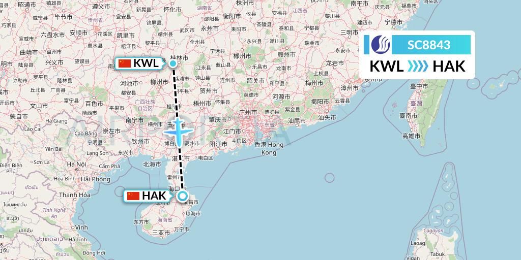 SC8843 Shandong Airlines Flight Map: Guilin to Haikou