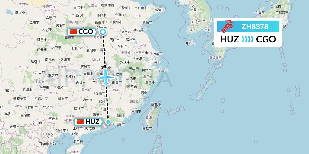 ZH8378 Shenzhen Airlines Flight Map: Huizhou to Zhengzhou