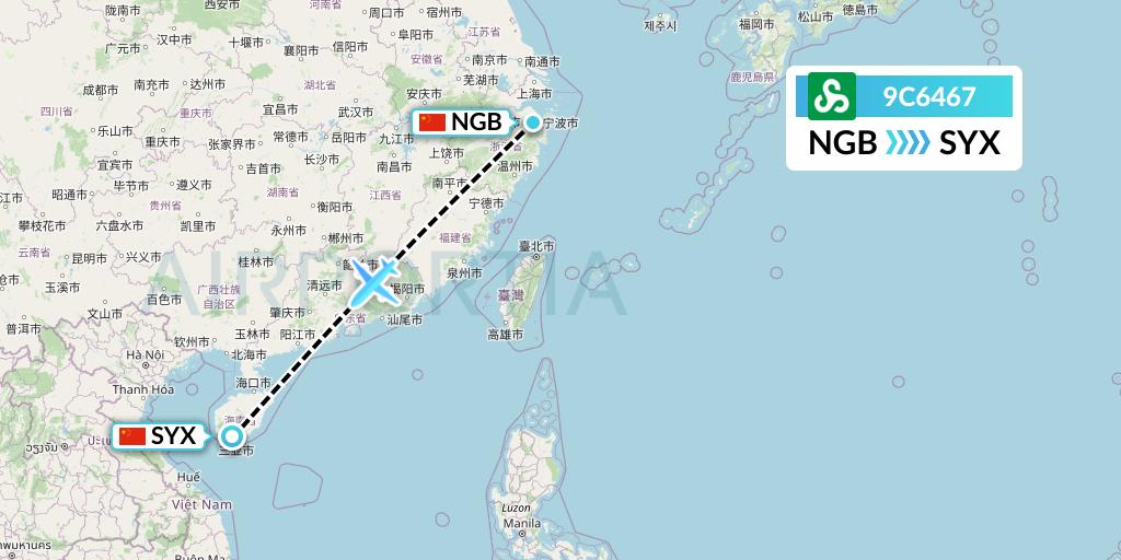 9C6467 Spring Airlines Flight Map: Ningbo to Sanya
