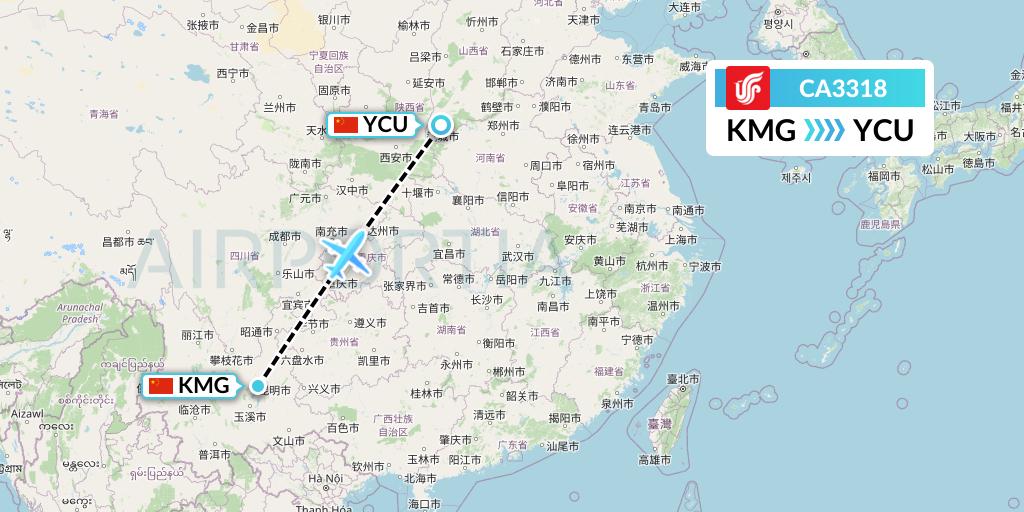CA3318 Air China Flight Map: Kunming to Yuncheng