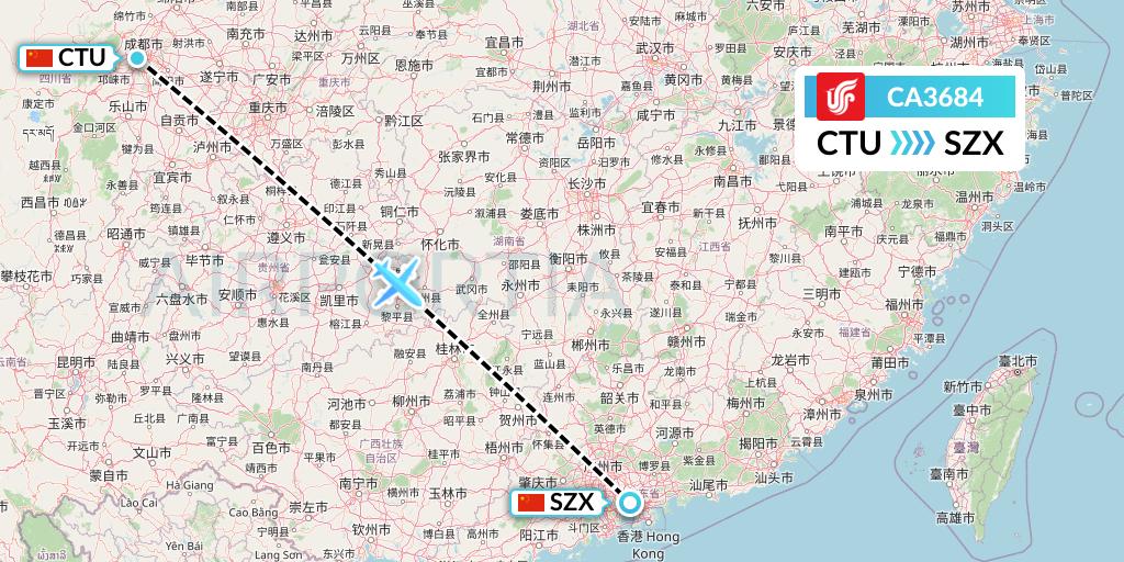 CA3684 Air China Flight Map: Chengdu to Shenzhen