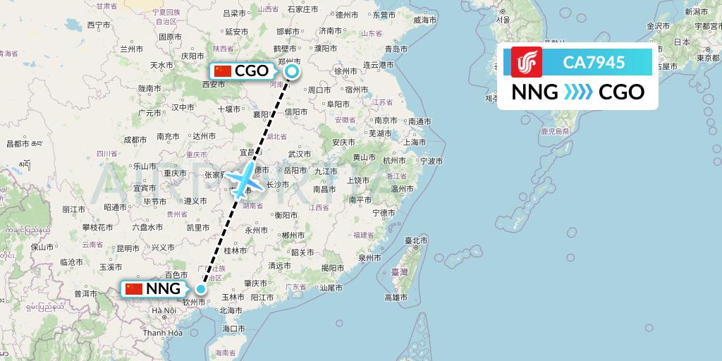 CA7945 Air China Flight Map: Nanning to Zhengzhou
