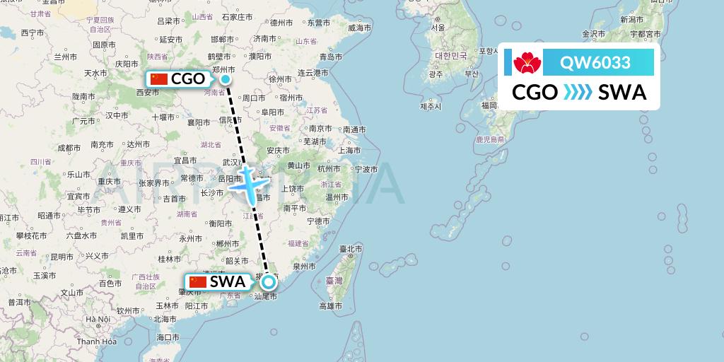 QW6033 Qingdao Airlines Flight Map: Zhengzhou to Jieyang