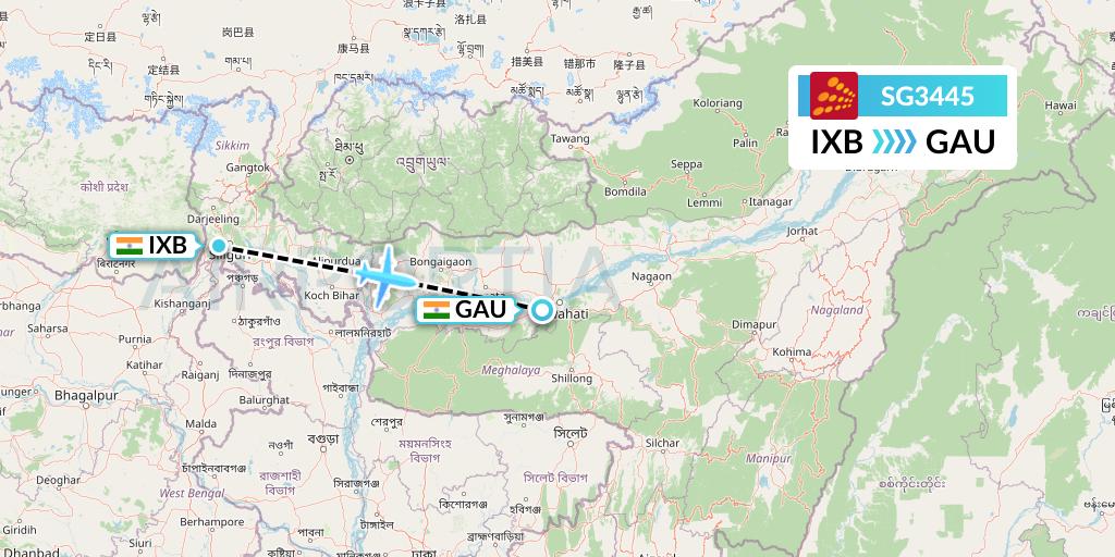 SG3445 SpiceJet Flight Map: Siliguri to Guwahati