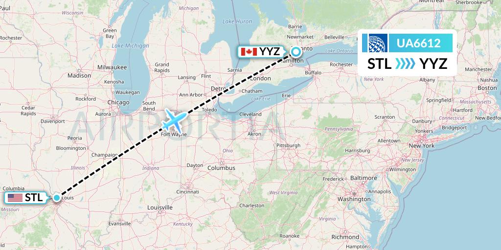UA6612 United Airlines Flight Map: St. Louis to Toronto