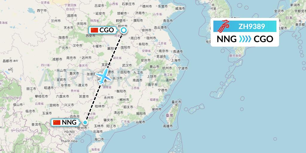 ZH9389 Shenzhen Airlines Flight Map: Nanning to Zhengzhou