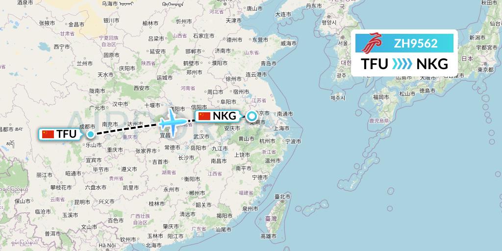 ZH9562 Shenzhen Airlines Flight Map: Chengdu to Nanjing