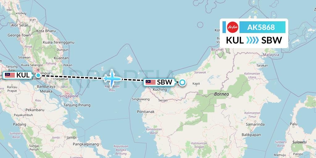 AK5868 AirAsia Flight Map: Kuala Lumpur to Sibu