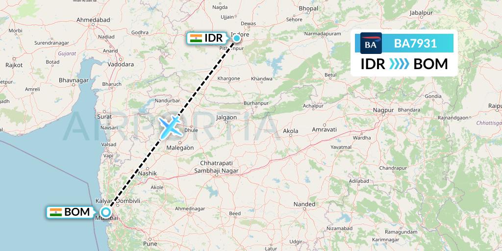 BA7931 British Airways Flight Map: Indore to Mumbai