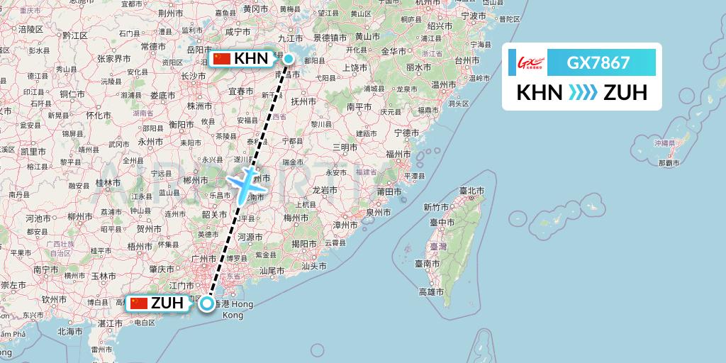 GX7867 GX Airlines Flight Map: Nanchang to Zhuhai