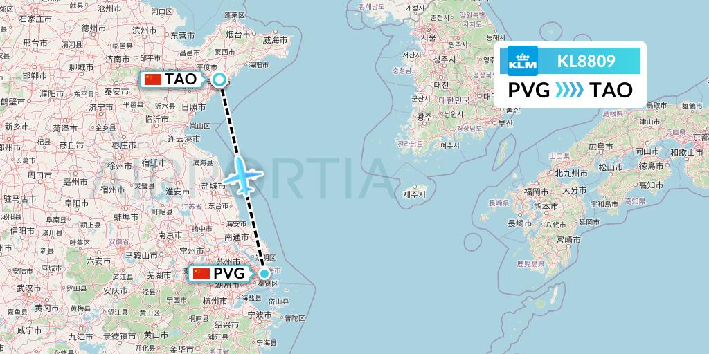 KL8809 KLM Flight Map: Shanghai to Qingdao