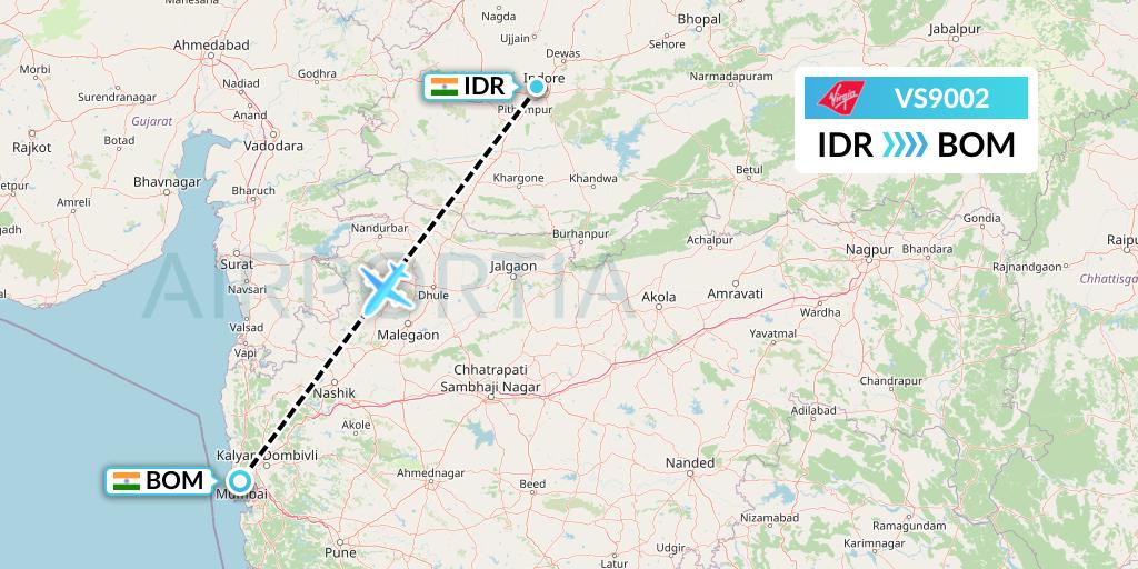VS9002 Virgin Atlantic Airways Flight Map: Indore to Mumbai