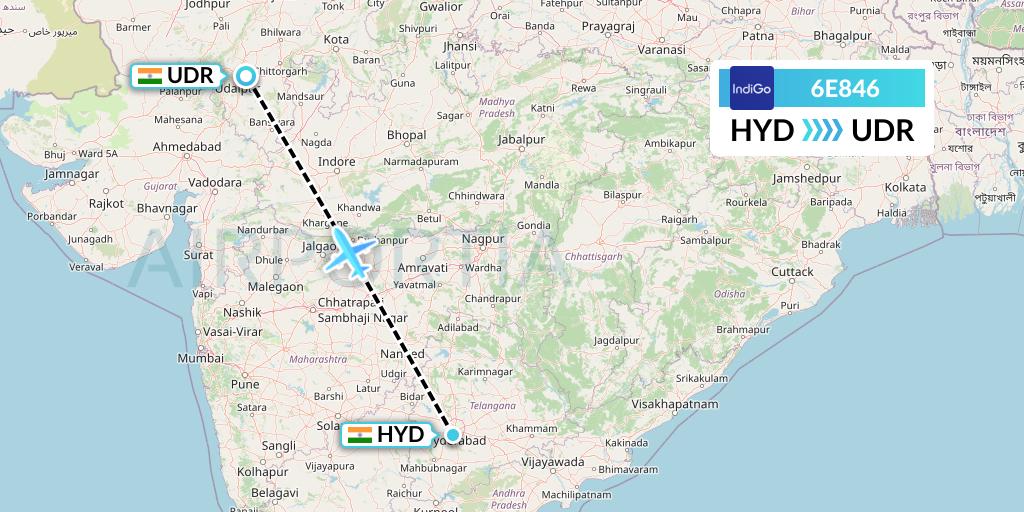 6E846 IndiGo Airlines Flight Map: Hyderabad to Udaipur