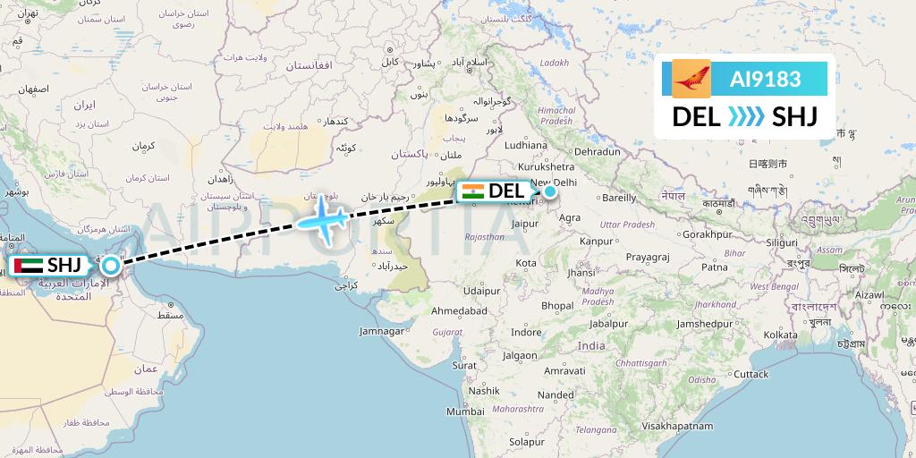 AI9183 Air India Flight Map: Delhi to Sharjah