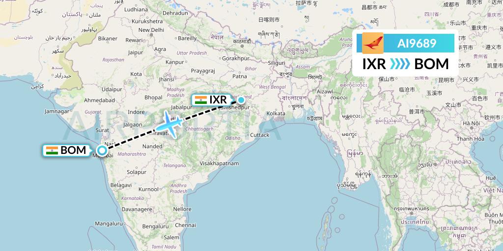 AI9689 Air India Flight Map: Ranchi to Mumbai