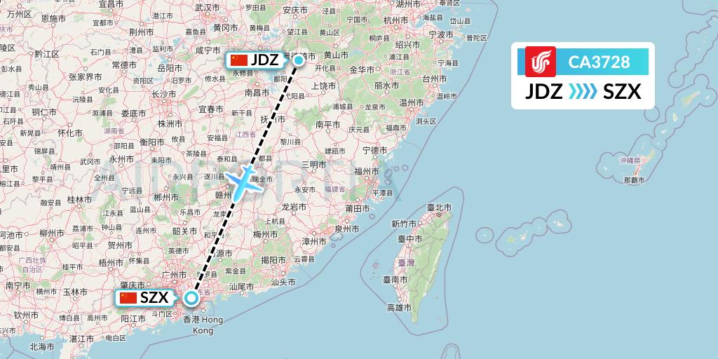 CA3728 Air China Flight Map: Jingdezhen to Shenzhen