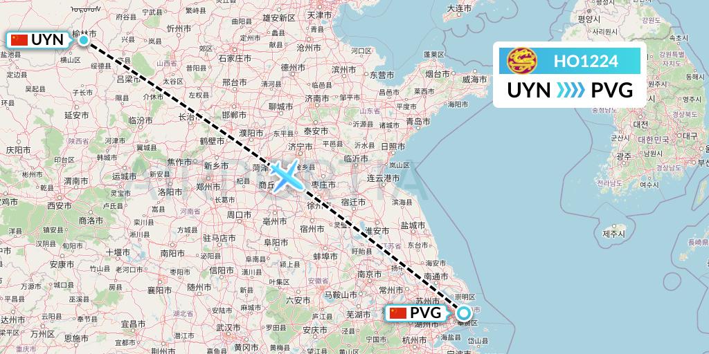 HO1224 Juneyao Airlines Flight Map: Yulin to Shanghai