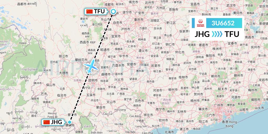 3U6652 Sichuan Airlines Flight Map: Jinghong to Chengdu