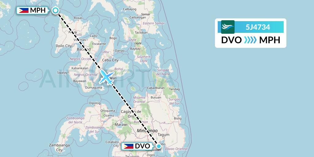 5J4734 CEBU Pacific Air Flight Map: Davao City to Caticlan