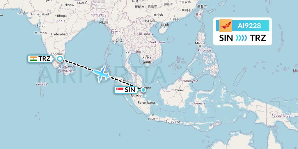 AI9228 Air India Flight Map: Singapore to Tiruchirapalli