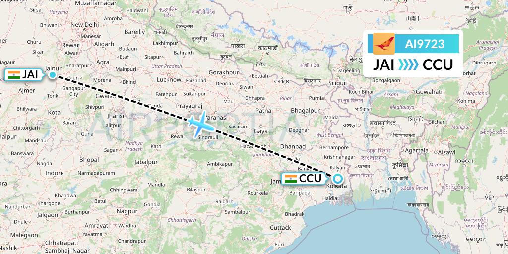 AI9723 Air India Flight Map: Jaipur to Kolkata