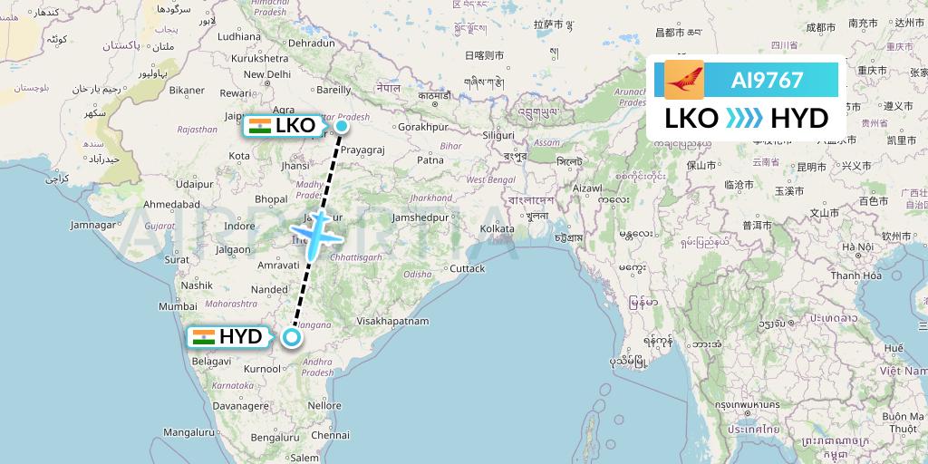 AI9767 Air India Flight Map: Lucknow to Hyderabad