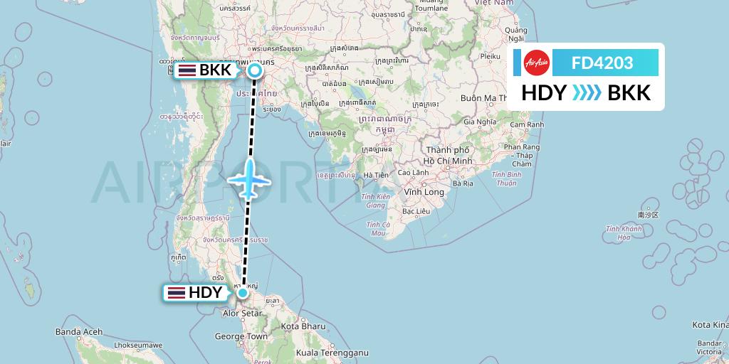 FD4203 Thai AirAsia Flight Map: Hat Yai to Bangkok
