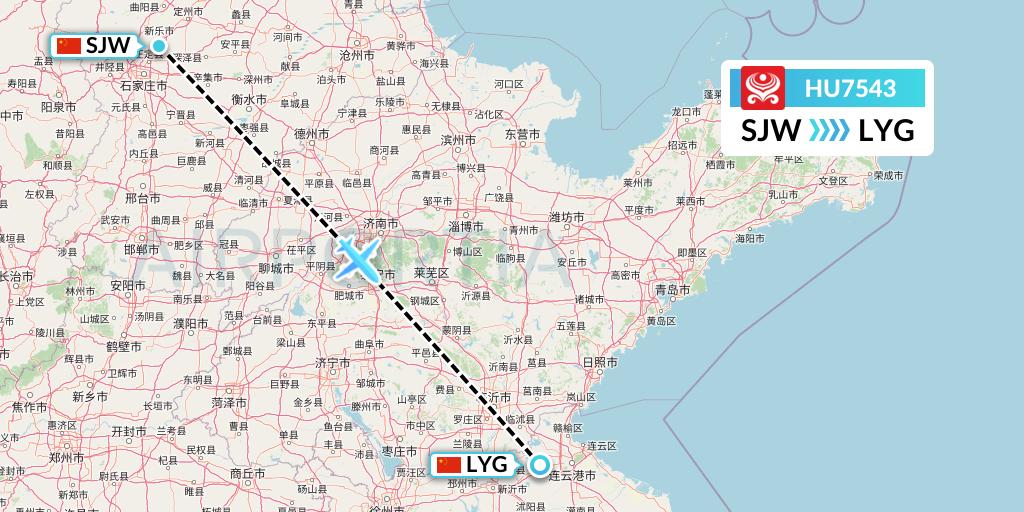 HU7543 Hainan Airlines Flight Map: Shijiazhuang to Lianyungang