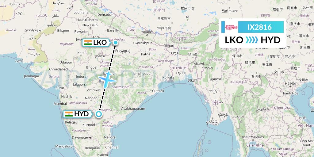 IX2816 Air India Express Flight Map: Lucknow to Hyderabad