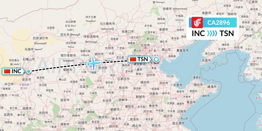 CA2896 Air China Flight Map: Yinchuan to Tianjin