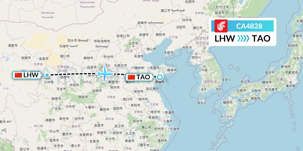 CA4828 Air China Flight Map: Lanzhou to Qingdao