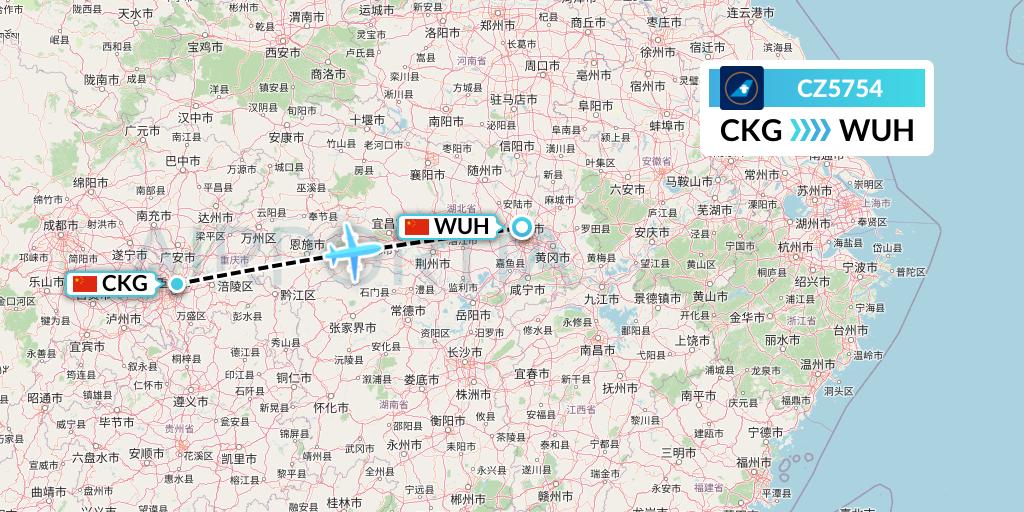 CZ5754 China Southern Airlines Flight Map: Chongqing to Wuhan