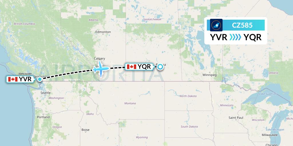CZ585 China Southern Airlines Flight Map: Vancouver to Regina