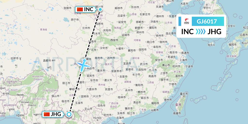 GJ6017 Loong Airlines Flight Map: Yinchuan to Jinghong