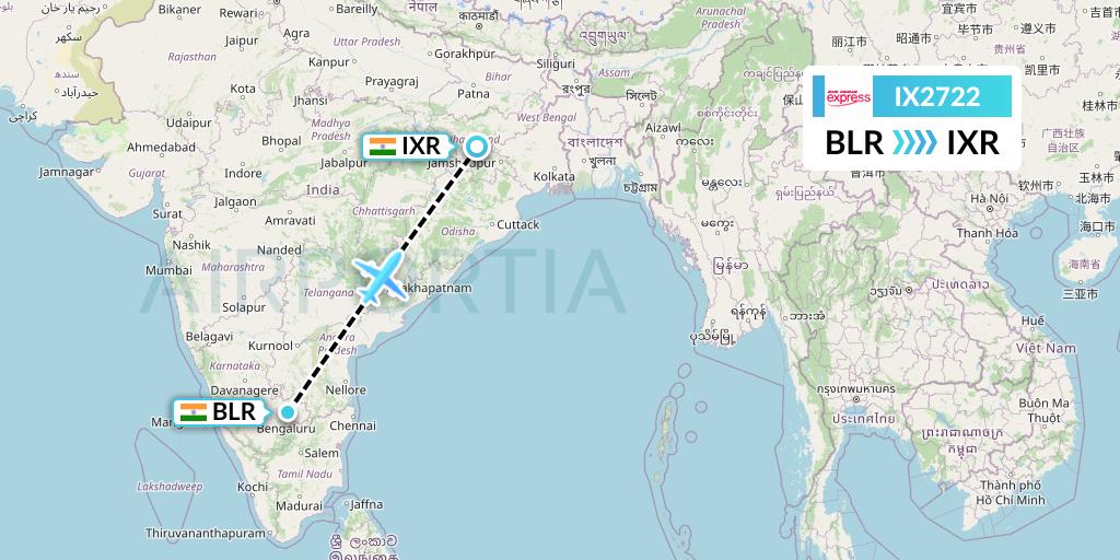 IX2722 Air India Express Flight Map: Bangalore to Ranchi
