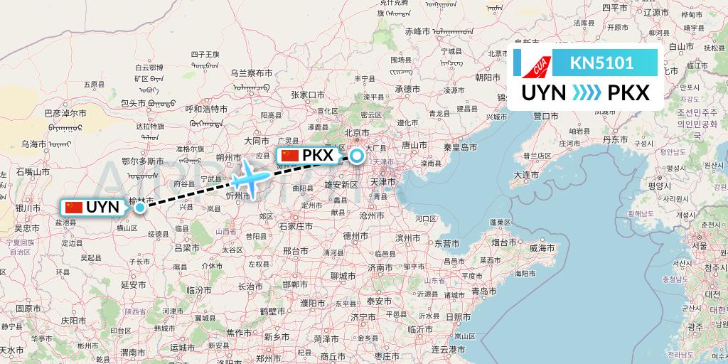 KN5101 China United Airlines Flight Map: Yulin to Beijing