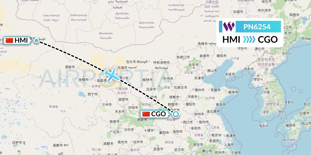 PN6254 China West Air Flight Map: Hami City to Zhengzhou
