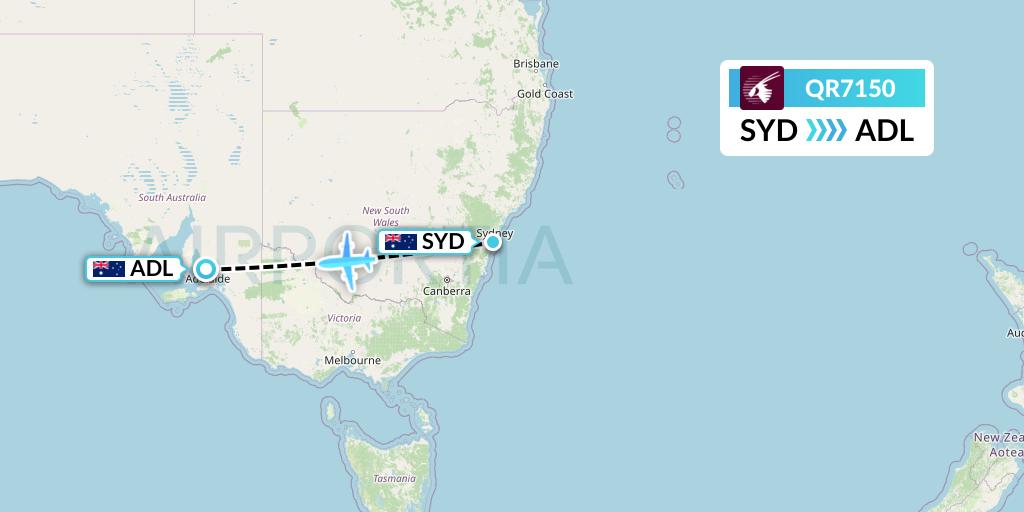 QR7150 Qatar Airways Flight Map: Sydney to Adelaide