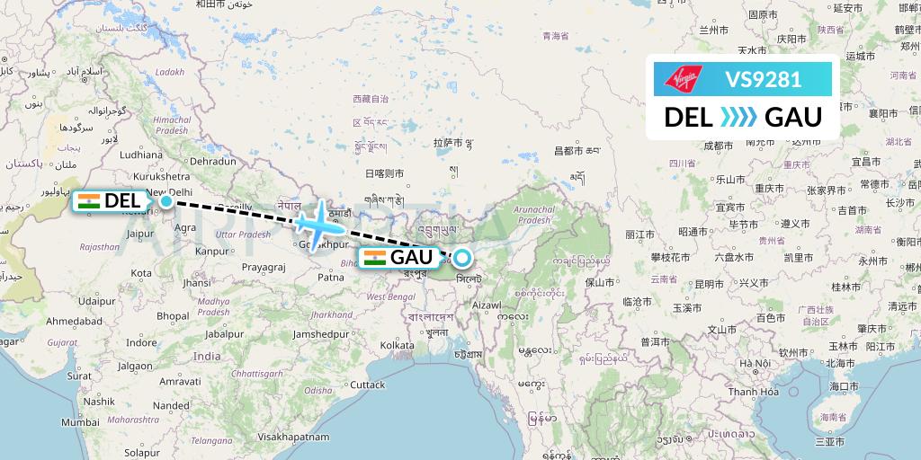 VS9281 Virgin Atlantic Airways Flight Map: Delhi to Guwahati