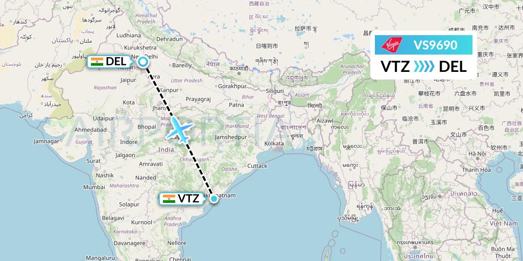 VS9690 Virgin Atlantic Airways Flight Map: Visakhapatnam to Delhi