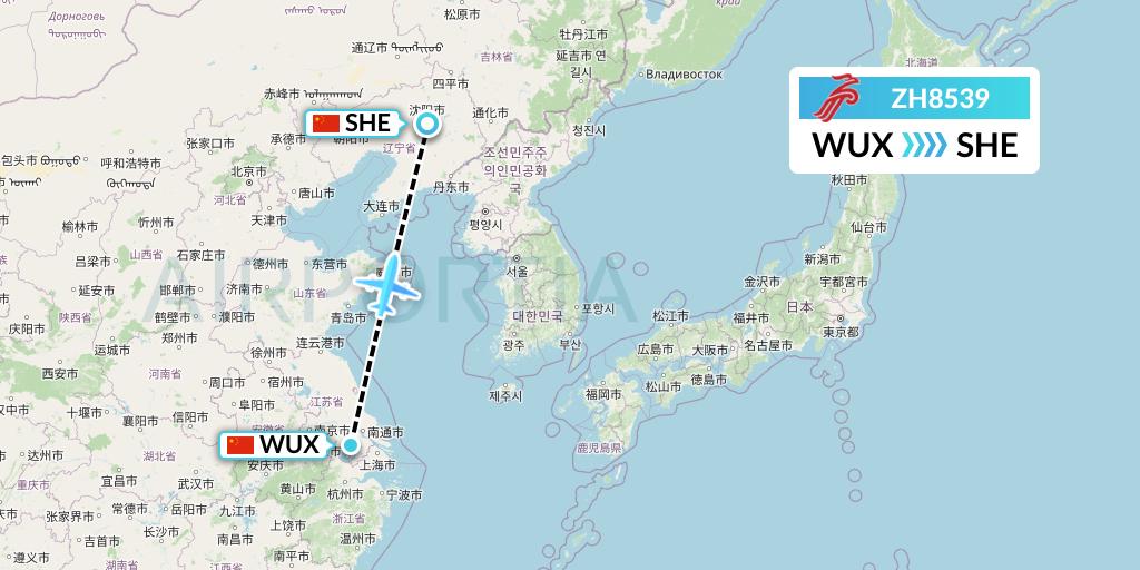 ZH8539 Shenzhen Airlines Flight Map: Wuxi to Shenyang
