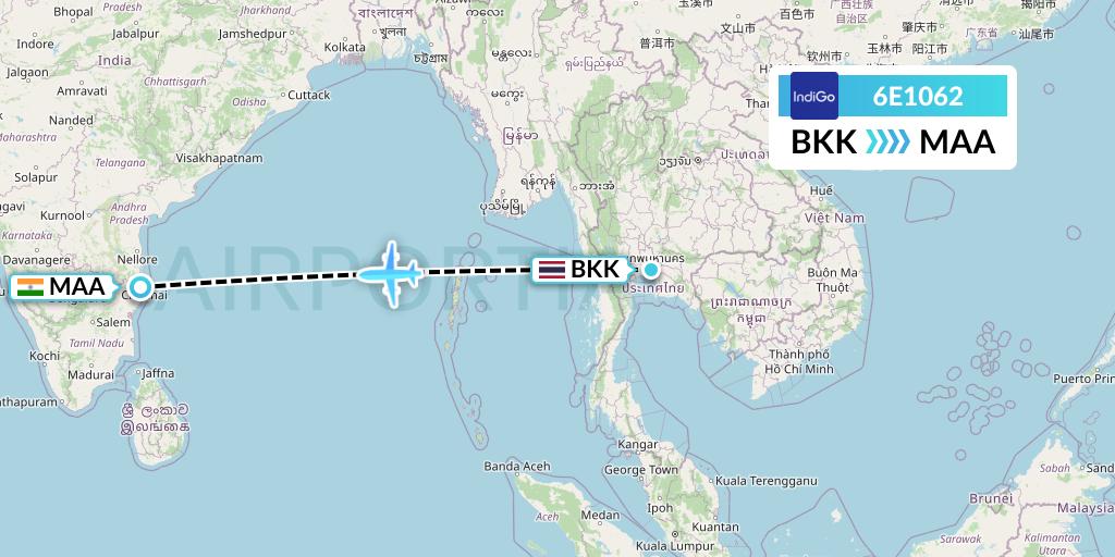 6E1062 IndiGo Airlines Flight Map: Bangkok to Chennai