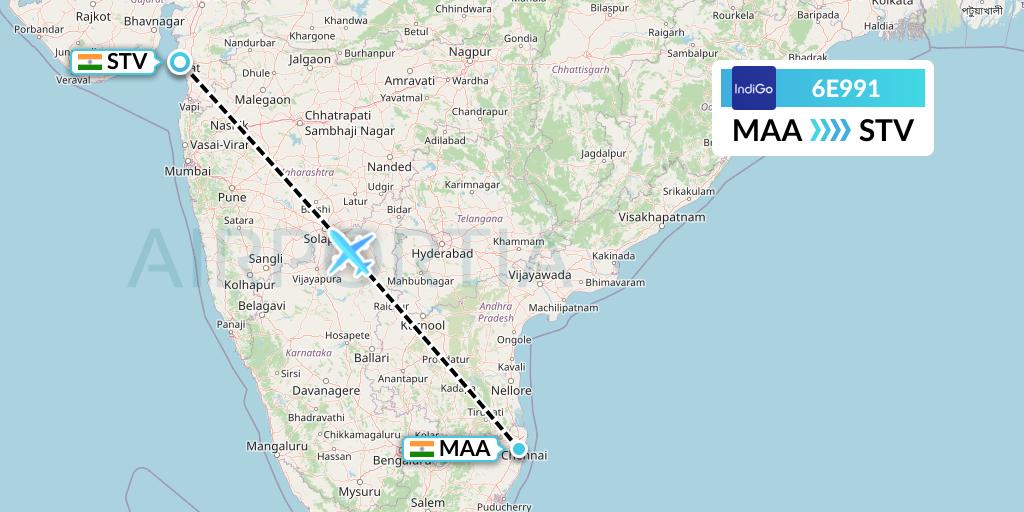 6E991 IndiGo Airlines Flight Map: Chennai to Surat