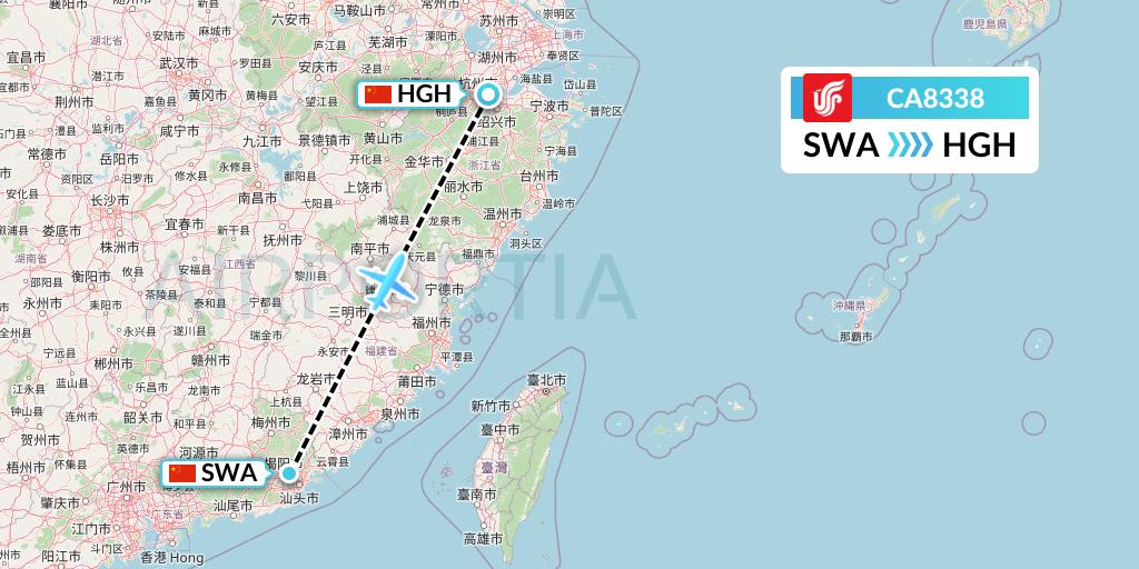 CA8338 Air China Flight Map: Jieyang to Hangzhou