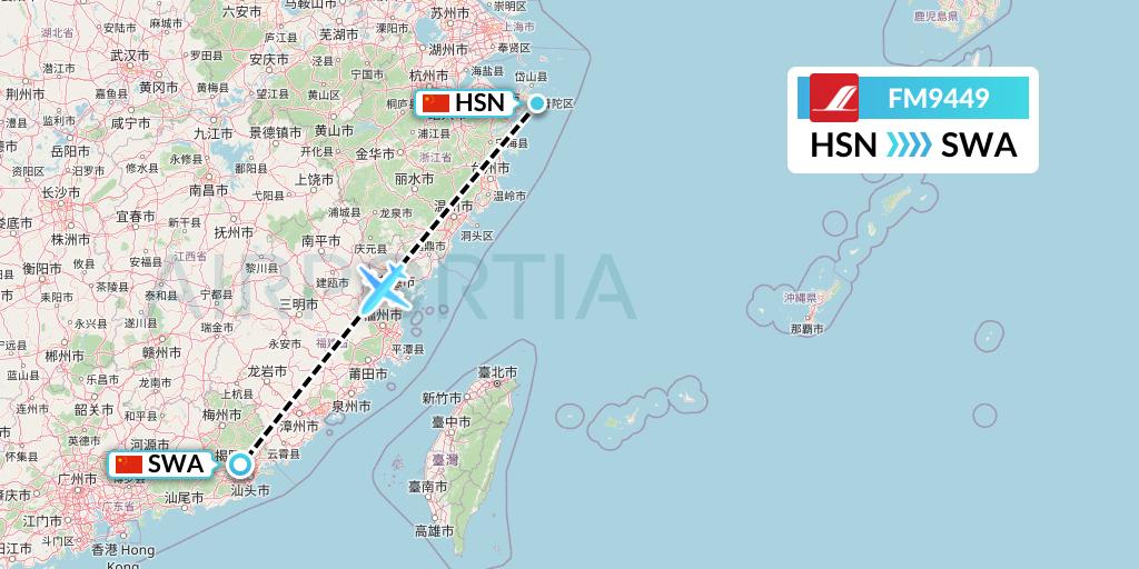 FM9449 Shanghai Airlines Flight Map: Zhoushan to Jieyang