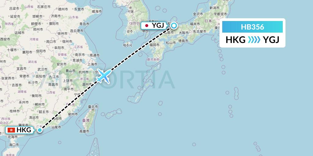 HB356 Greater Bay Airlines Flight Map: Hong Kong to Yonago