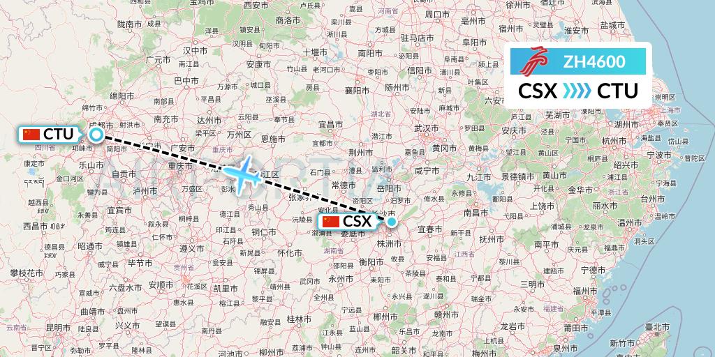 ZH4600 Shenzhen Airlines Flight Map: Changsha to Chengdu