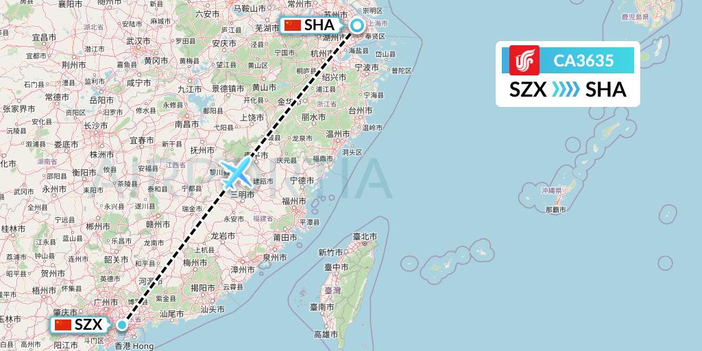 CA3635 Air China Flight Map: Shenzhen to Shanghai